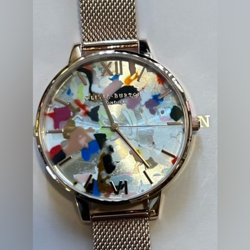 OLIVIA BURTON POP ART WATCH WITH 38MM SILVER FACE WITH MULTICOLORED ART WORK